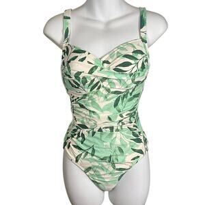 Nip Tuck Swim Green Leaf One Piece Swimsuit US 8 Ruched Tummy Control Botanical